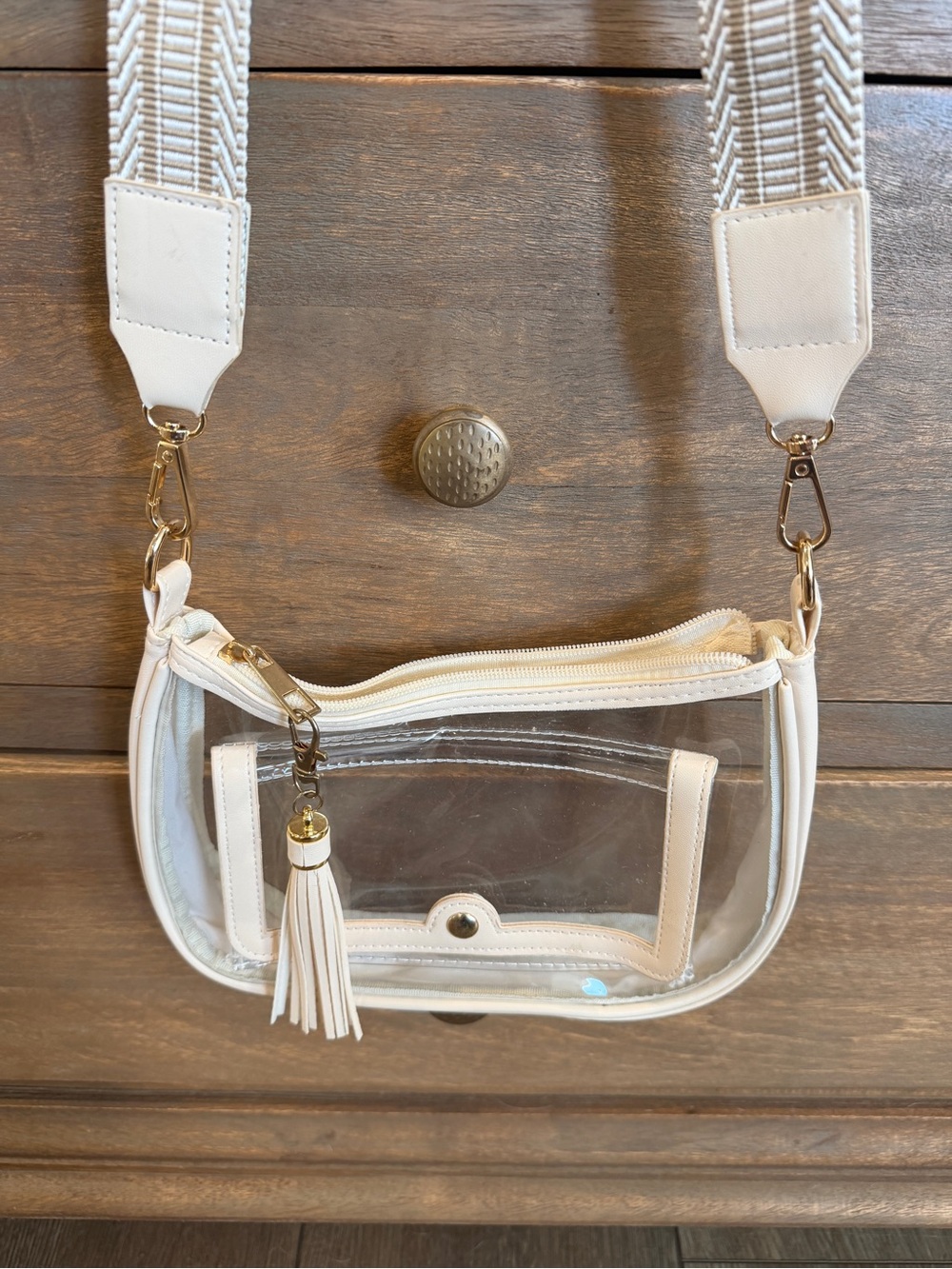 Clear Crossbody Bag with Cream Trim and Tassel